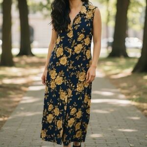 Vintage Floral M/L Sleeveless collared Maxi Button Shirt Dress - Navy Gold Tan